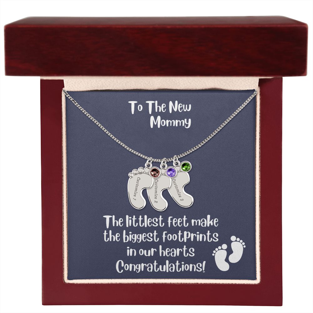 Mom Gift: Personalized Engraved Birthstone Baby Foot Necklace For The New Mother - Pick Name & Birthstone - giftingstop