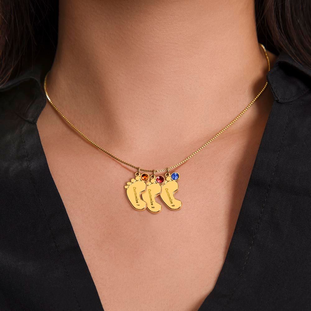 Mom Gift: Personalized Engraved Birthstone Baby Foot Necklace For The New Mother - Pick Name & Birthstone - giftingstop