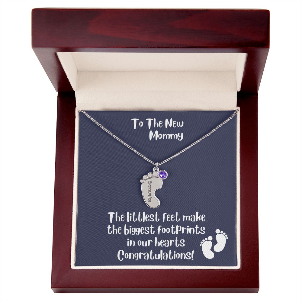 Mom Gift: Personalized Engraved Birthstone Baby Foot Necklace For The New Mother - Pick Name & Birthstone - giftingstop
