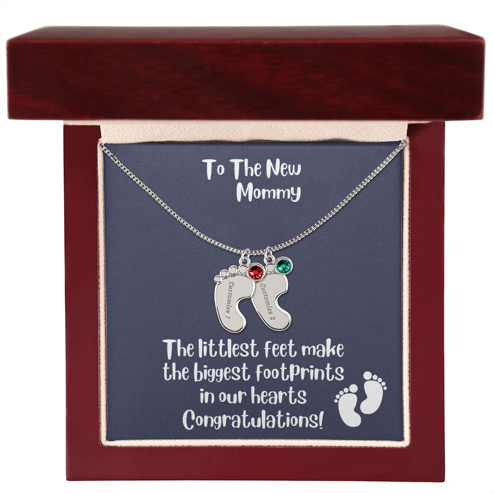 Mom Gift: Personalized Engraved Birthstone Baby Foot Necklace For The New Mother - Pick Name & Birthstone - giftingstop