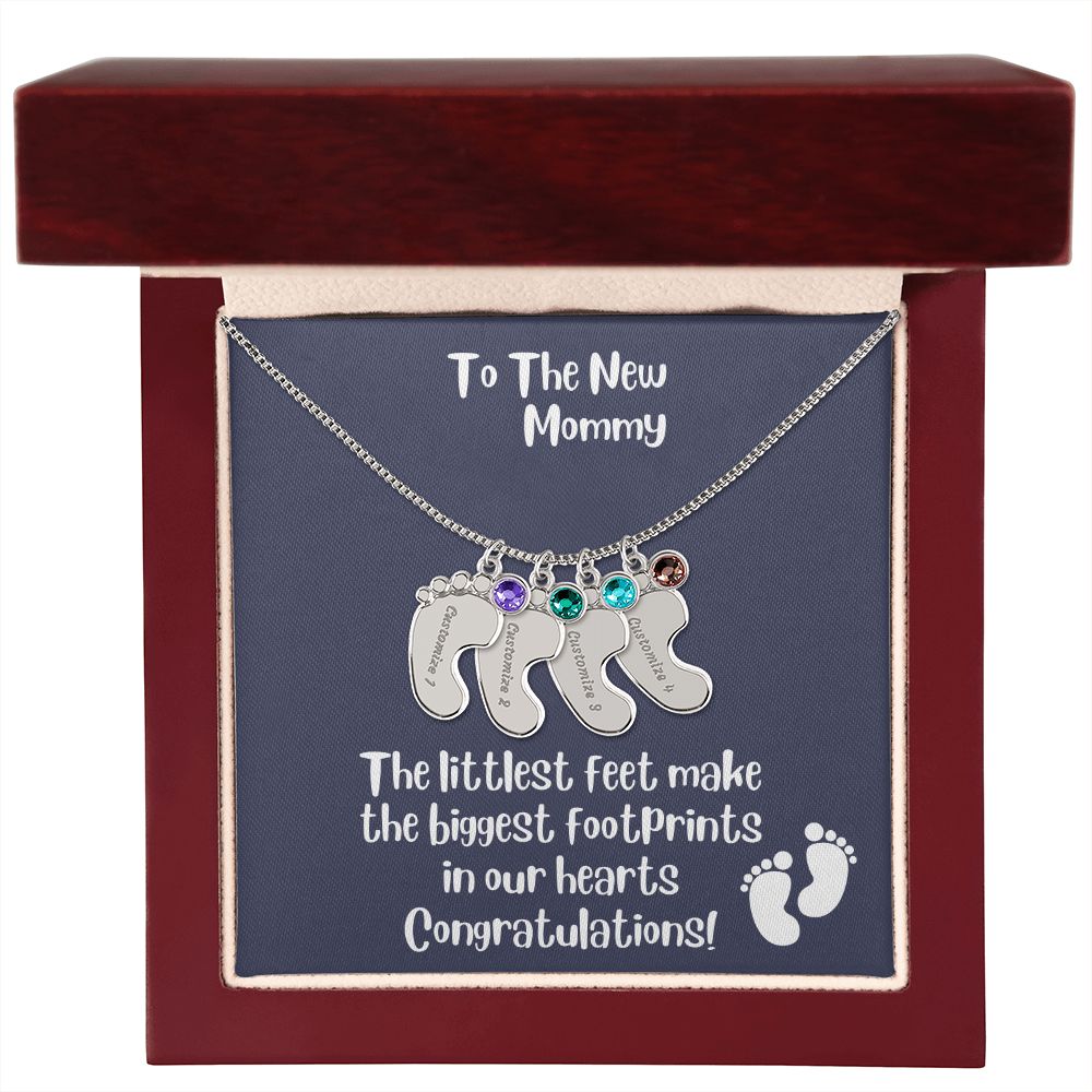 Mom Gift: Personalized Engraved Birthstone Baby Foot Necklace For The New Mother - Pick Name & Birthstone - giftingstop